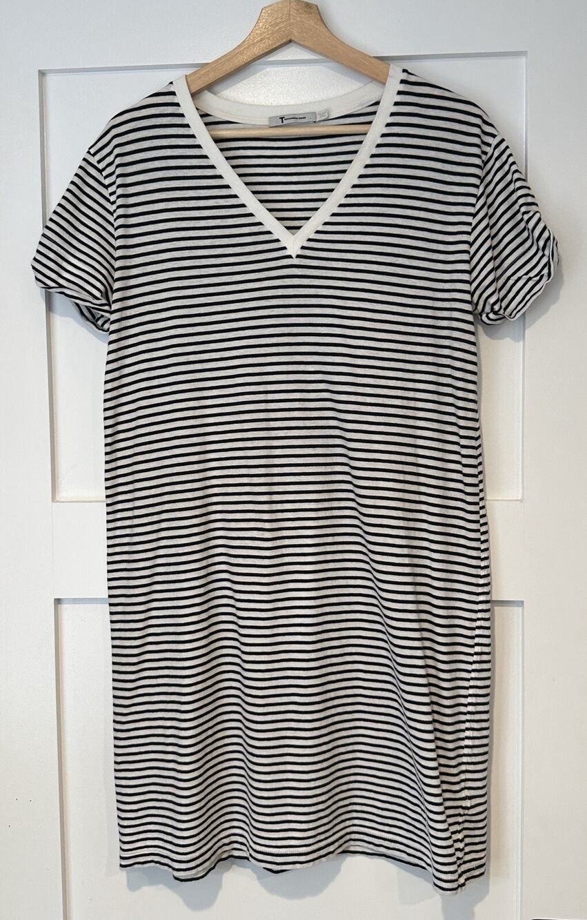 T Alexander Wang Dress Black And White Stripe V-Neck S/Sleeve Cotton Size M